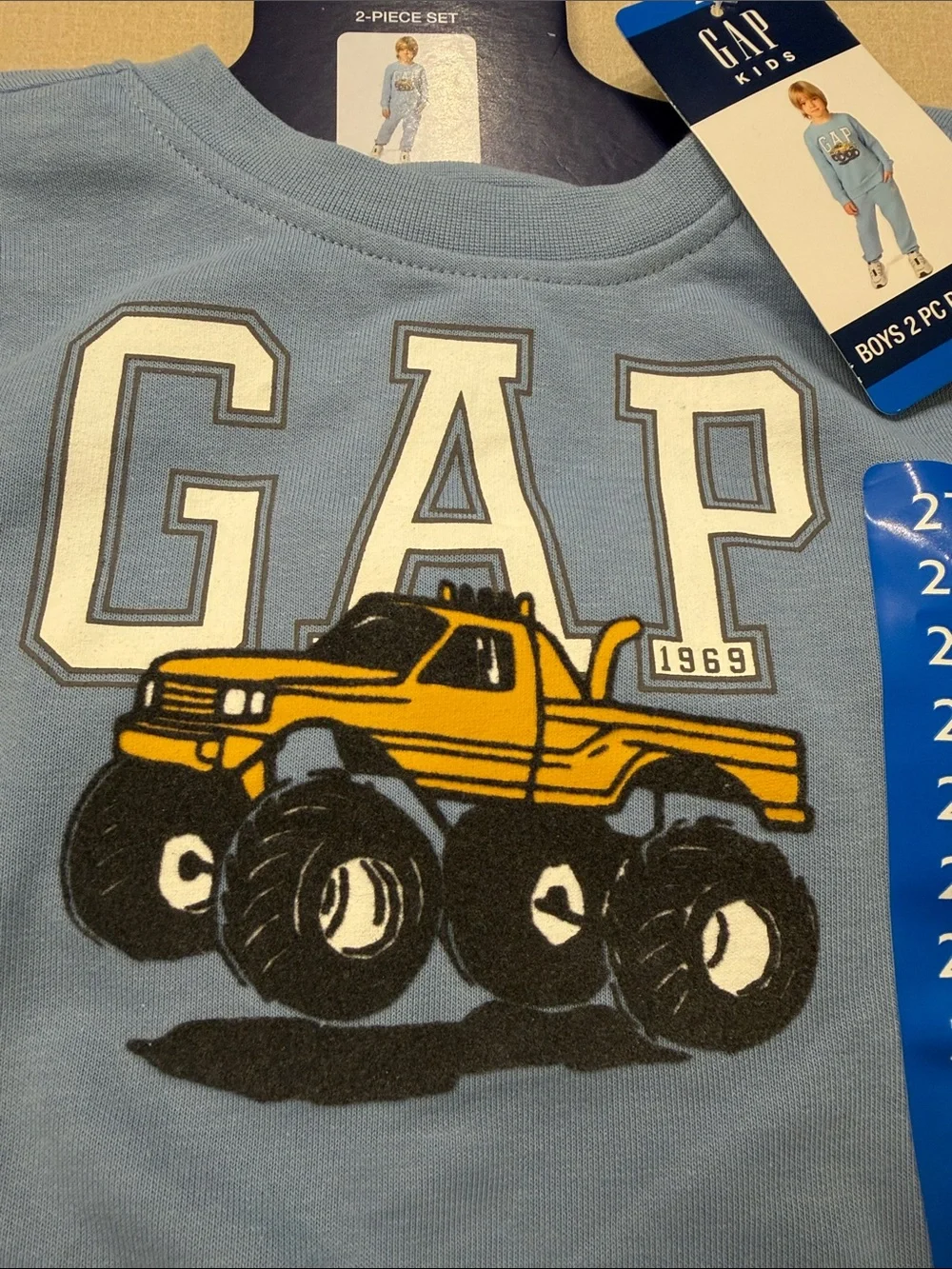 NWT GAP Light Blue Sweatshirt and Pants with Yellow Monster Truck Size 2T